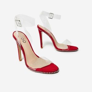 Studded Perspex Hell in red faux suede(never worn)
